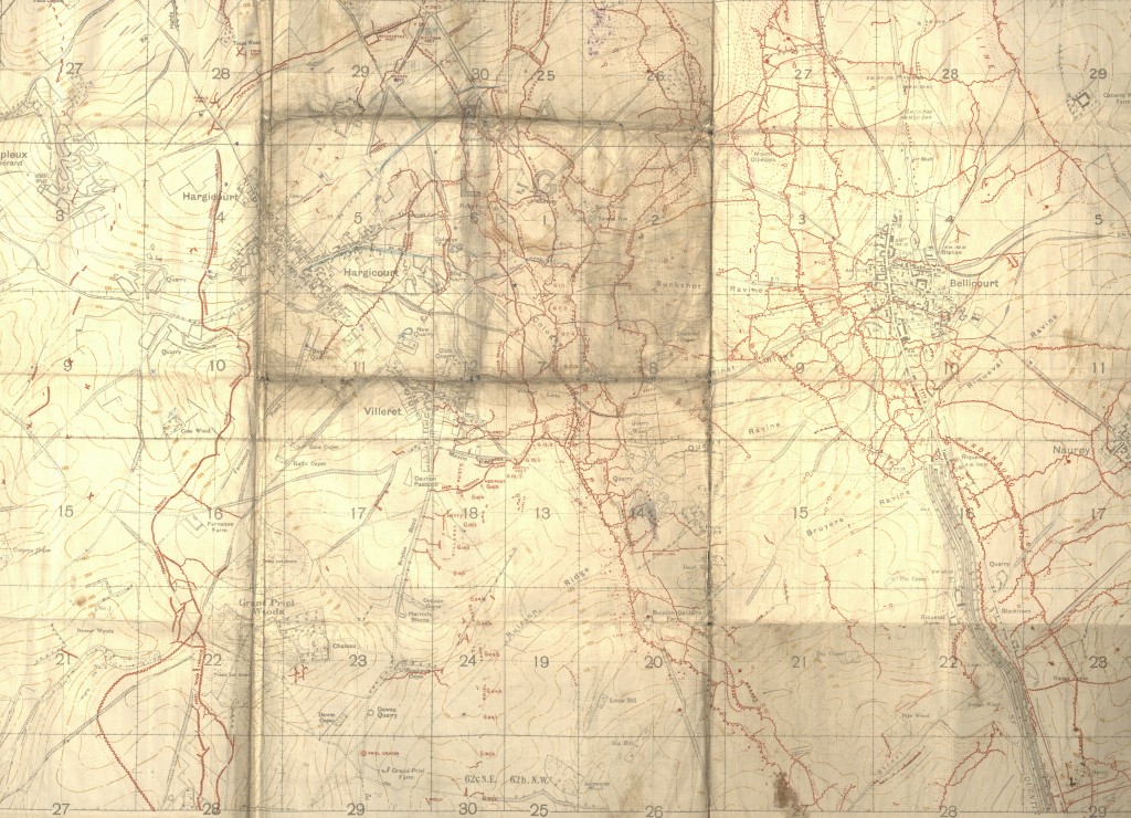 Trench map featuring the Hargicourt area of France with trenches corrected to December 15, 1917.