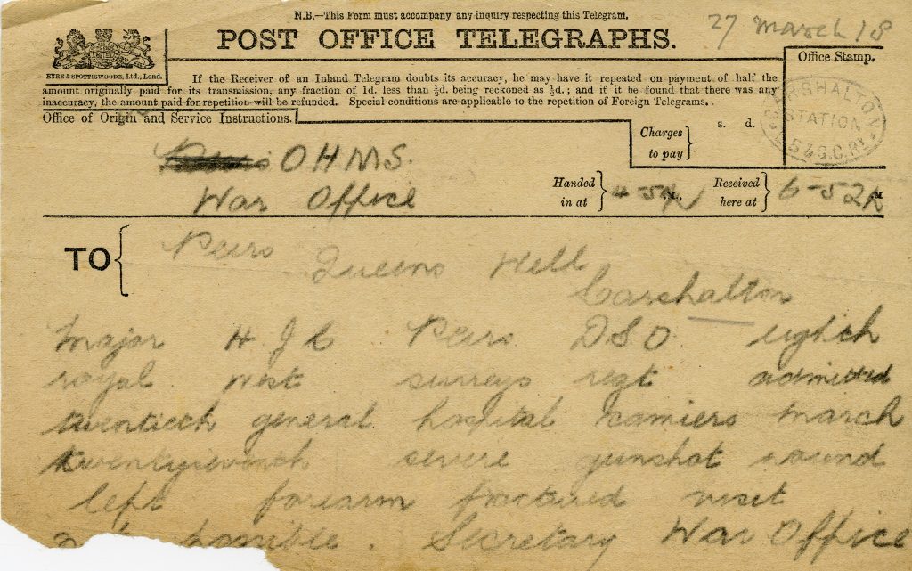 3 March 1918 telegram received by the Peirs family at home in Carshalton. 