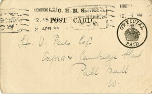 Notification of arrival card sent to the Oxford & Cambridge Club on April 2, 1918