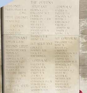 The first of three panels in the Dud Corner Cemetery (Loos-en-Gohelle, France) featuring names of soldiers from The Queens who were killed at Loos in 1915. Photo by Jenna Fleming.