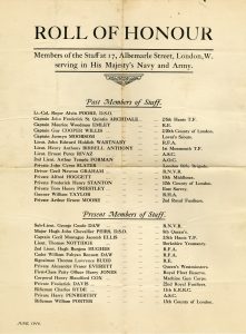 Listing of members of the staff at 17 Albemarle Street London who were serving in the Navy and Army. Jack Peirs listed as a present member of staff, June 1916