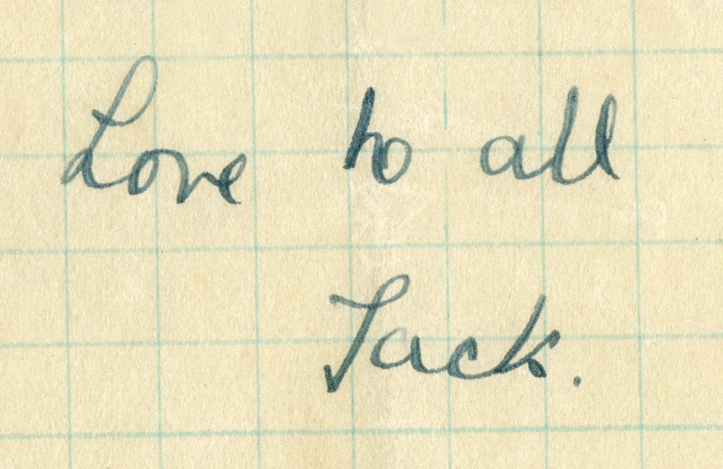 Close-up of letter closing "Love to all, Jack"
