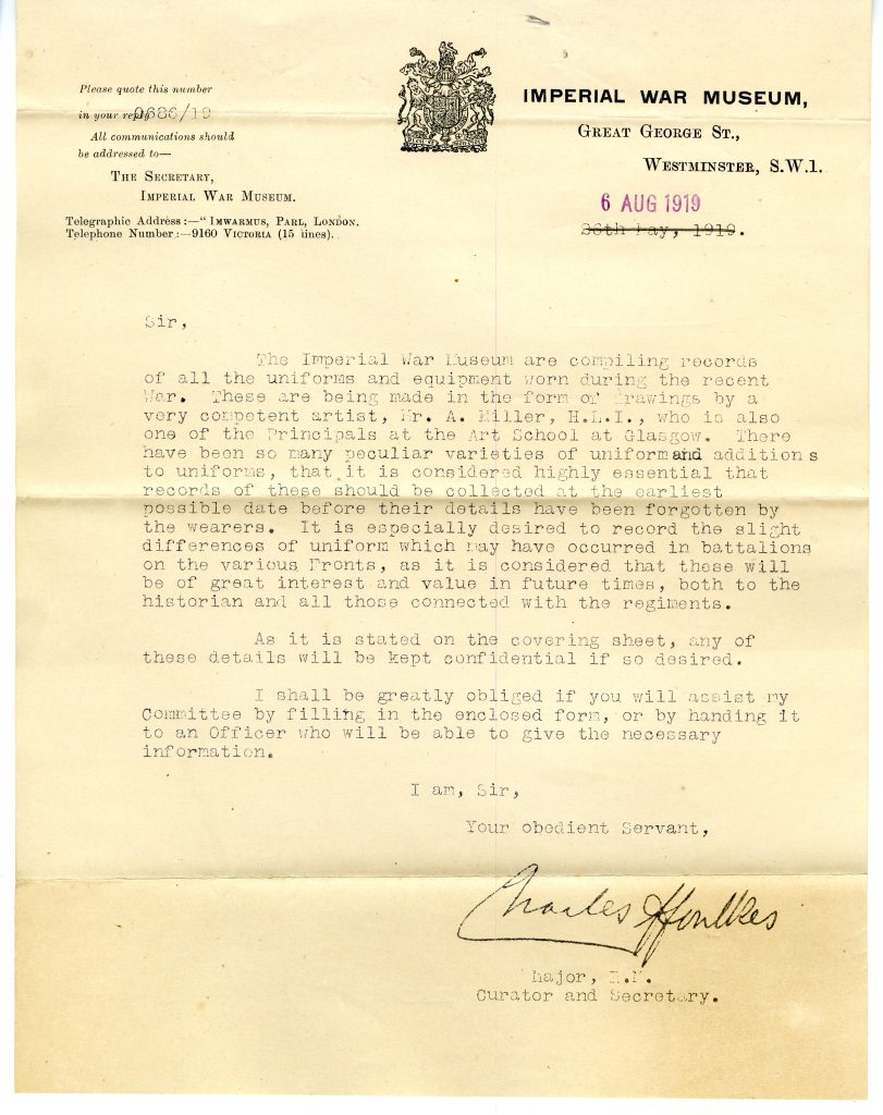 Letter on Imperial War Museum letterhead from Charles ffoulkes, curator of the Imperial War Museum, asking for information about uniforms worn during the First World War