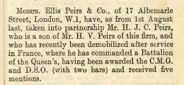 Detail of The Law Society Gazette describing H.J.C. Peirs becoming a partner at Ellis Peirs Co. firm
