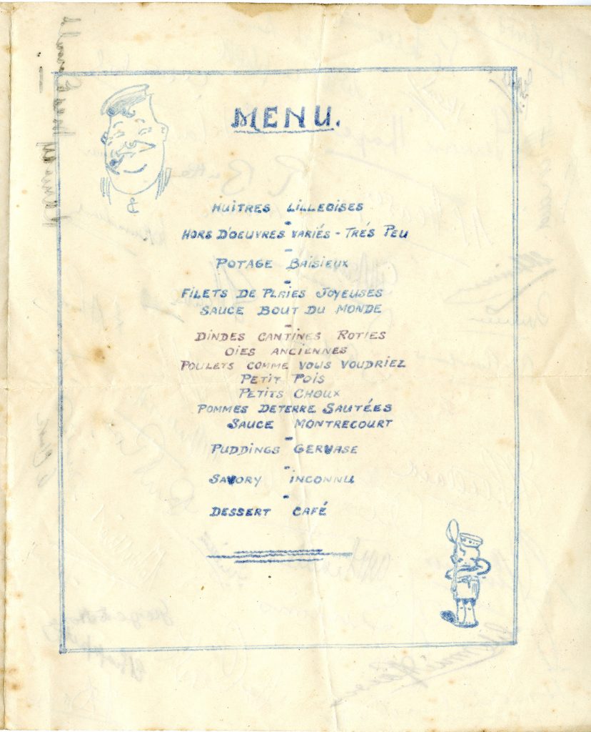 Menu page of dinner program picturing smiling face and small boy holding oversized spoon