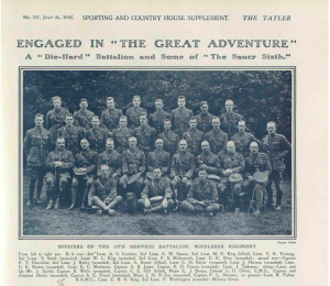 A Tatler article about the 13th Middlesex Regiment, July 26, 1916. Chevallier is furthest to the left standing in the second row.