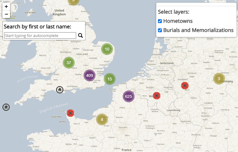 A screenshot of the map of hometowns and places of burial and memorialization of the 8th Queen's.
